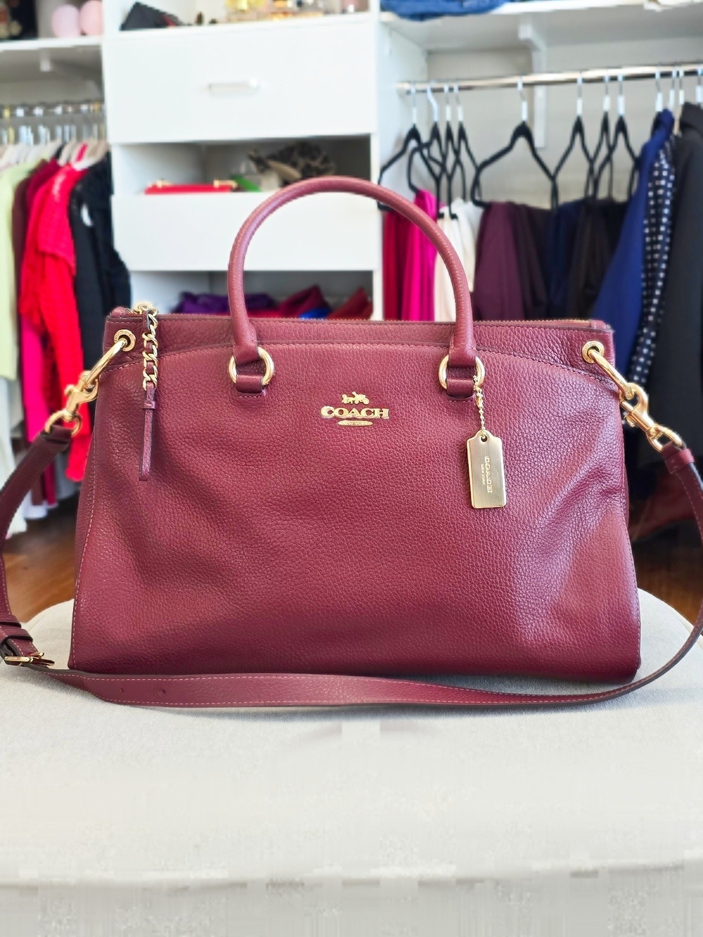 COACH Mia Pebbled Leather Satchel in Wine with Gold Hardware